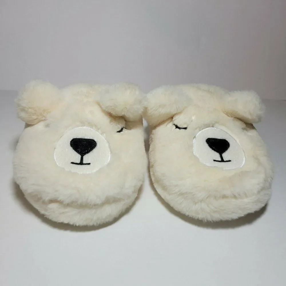 MIXIT Bear‎ Slippers Girls Size 5-6 Ivory Cream Plush Very Soft Slip On GUC